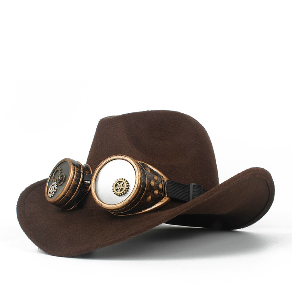 Sombrero de vaquero Steampunk para Hombre y mujer, Sombrero de lana con agujeros en el exterior, estilo occidental, Jazz, talla 56-58: Coffee