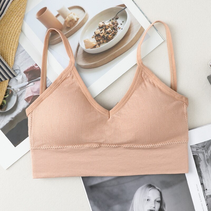 ATHVOTAR Women V-Neck Tube Top Bralette Soild Color Push Up Bra Padded Wireless Thin Shoulder Strap Top Bra Underwear: beige