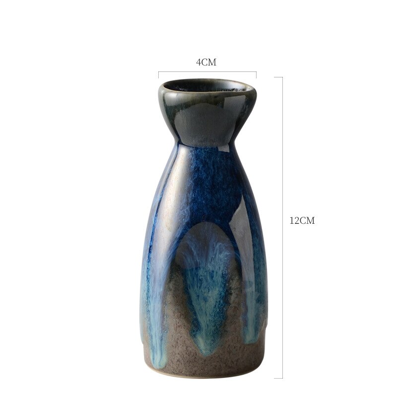 Japanese Retro Style Kiln Change Blue Color Glazed Household Ceramic Sake Cup 40Ml 4 Pcs with 1 Pc130Ml Pot Sets Teacup Cuisine: Retro 130ml