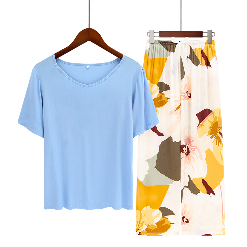 Breathable 2PCS Pajama Short Sleeve Printed Pijama Mujer Femme Loose Nightwear Suit Female Casual Homewear Pajama Set For Women: XL / Orange