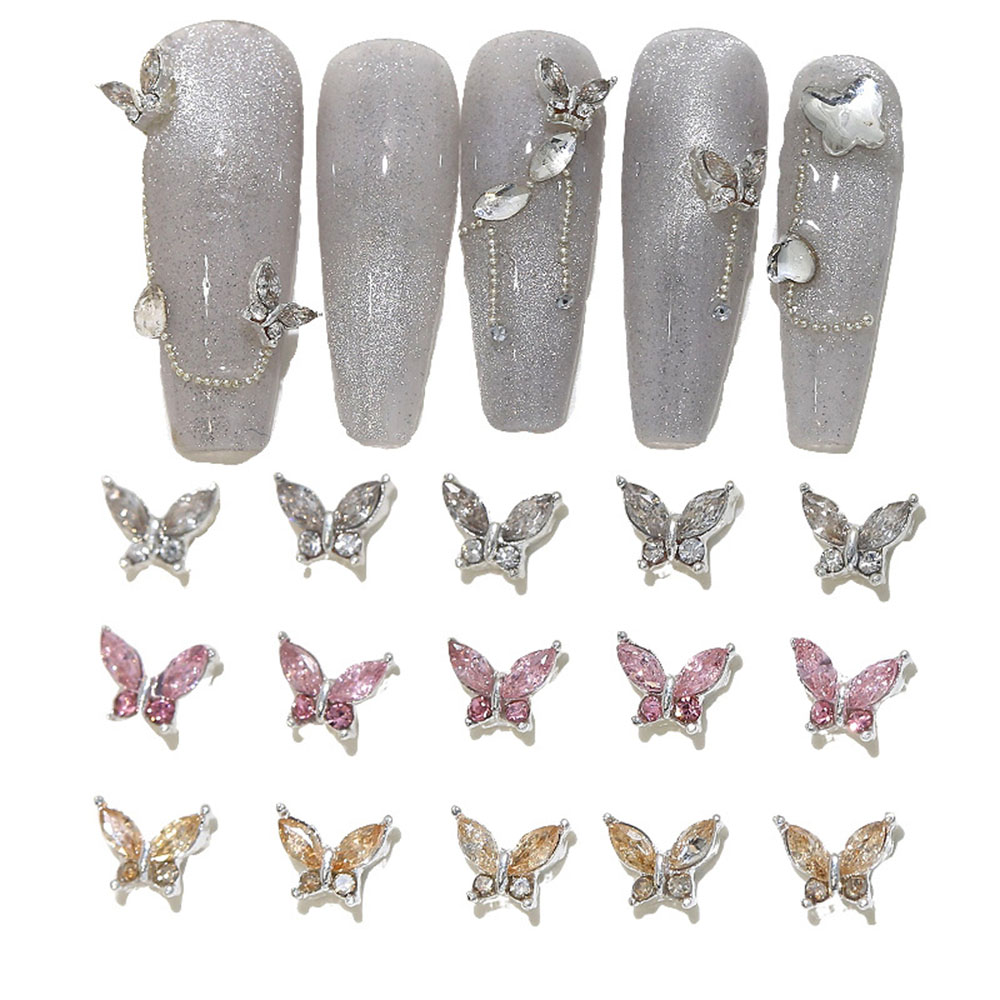 10 Stück Mini 4*5mm Kristall Schmetterling Nagel Kunst Reize 3D Diamant Schmuck Teile Rosa Klar Metall Manikübetreffend Dekoration Strass Edelsteine