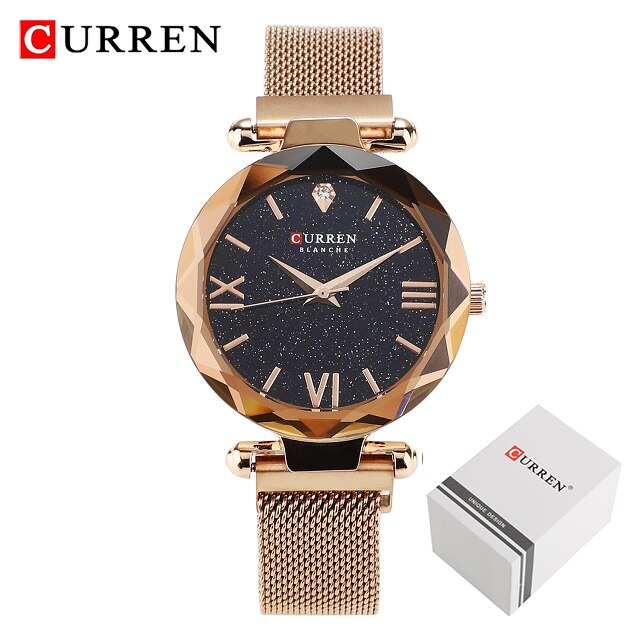 CURREN Luxe Vrouwen Horloges Mesh Dames Klok Magneet Gesp Starry Diamond Geometrische Oppervlak Casual Quartz Horloge: Rose Gold