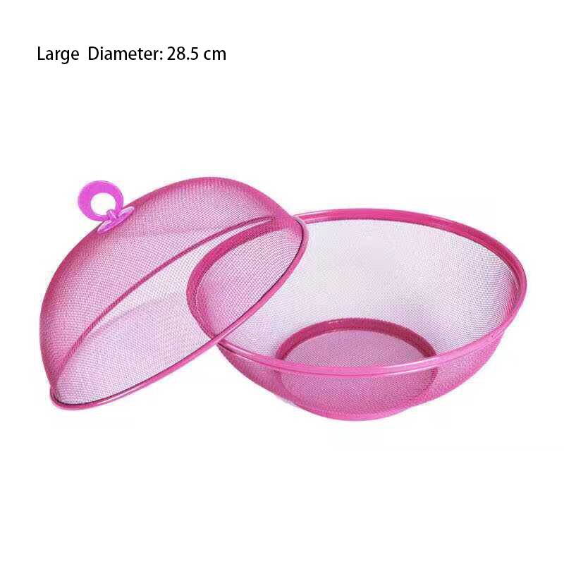 Metalen fruitmand met deksel, roestvrijstalen keukenafvoermand, snackgroentemand: 28.5cm roze