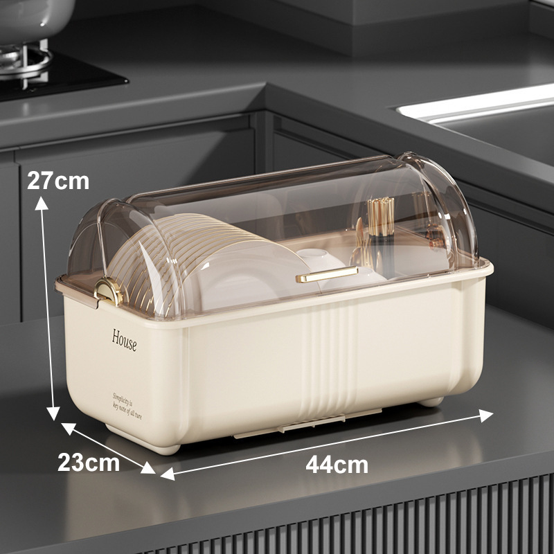 Household Storage Box Kitchen Dish Organizer Drainable Dish Organizer Flatware Storage Box with Lid: Beige