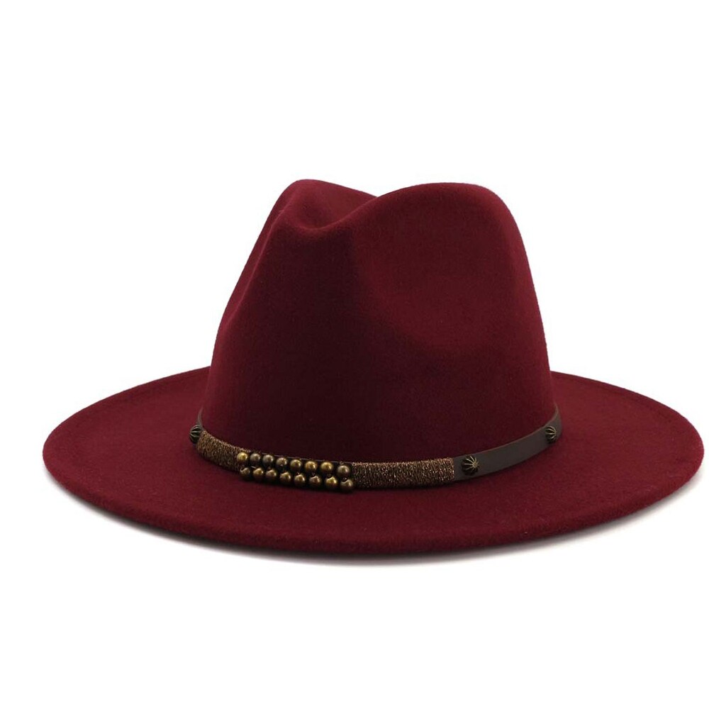 Men Women Fedora Hat With Belt Wide Brim Hat Ladies Winter Hat Pop Jazz Hat: Wine Red