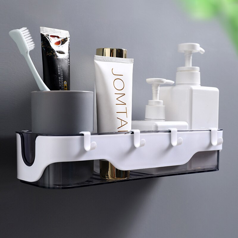 Wall-mounted Storage Rack Bathroom Shelf For Kitchen With Hooks Storage Bathroom Accessories Without Drill Plastic Container