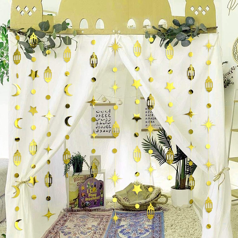 Banderole Eid Mubarak de 4m en papier doré et argenté, guirxiété étoile lune, décoration pour Ramadan Kareem, fournitures de fête musulmane islamique pour la maison