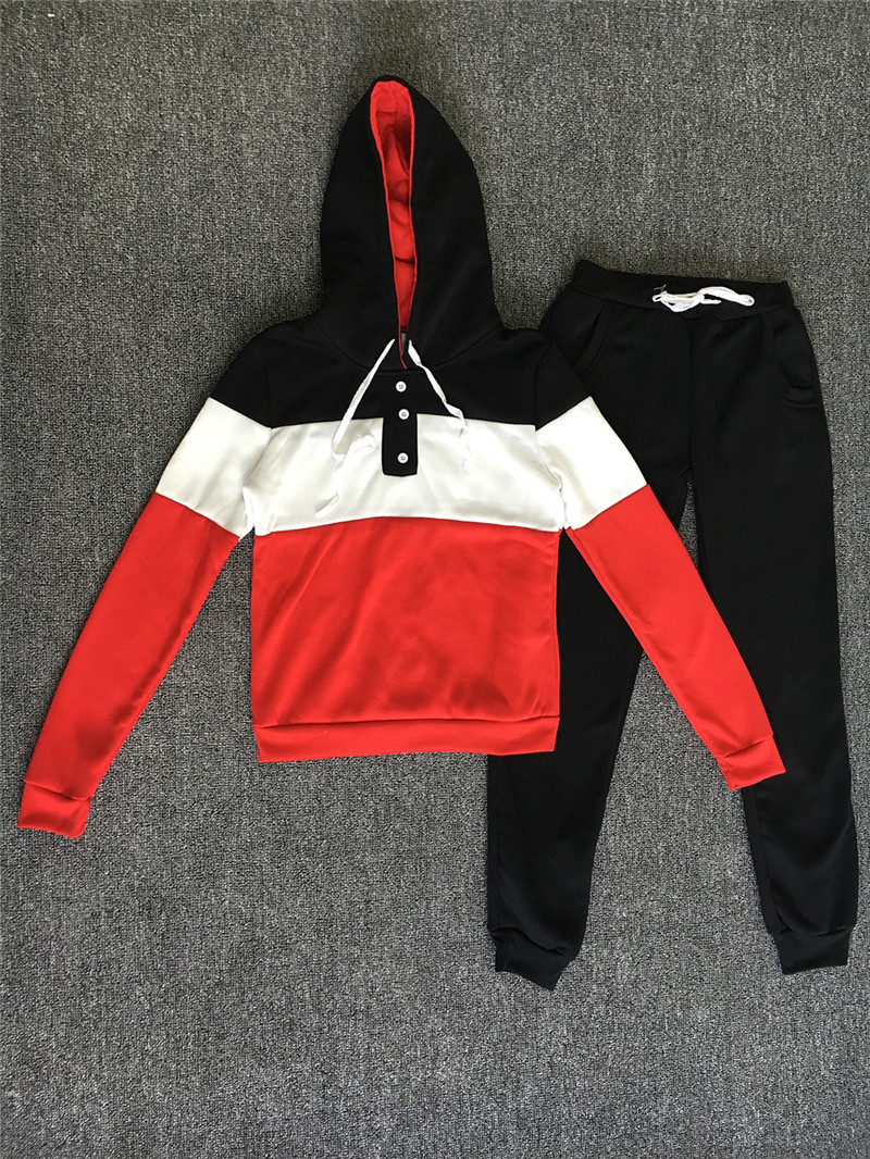 Women Winter sport Tracksuit Sets Lady casual Autumn Long Sleeve Thicken Hooded Sweatshirts 2 Piece Set Female patchwork Suits: Red / M