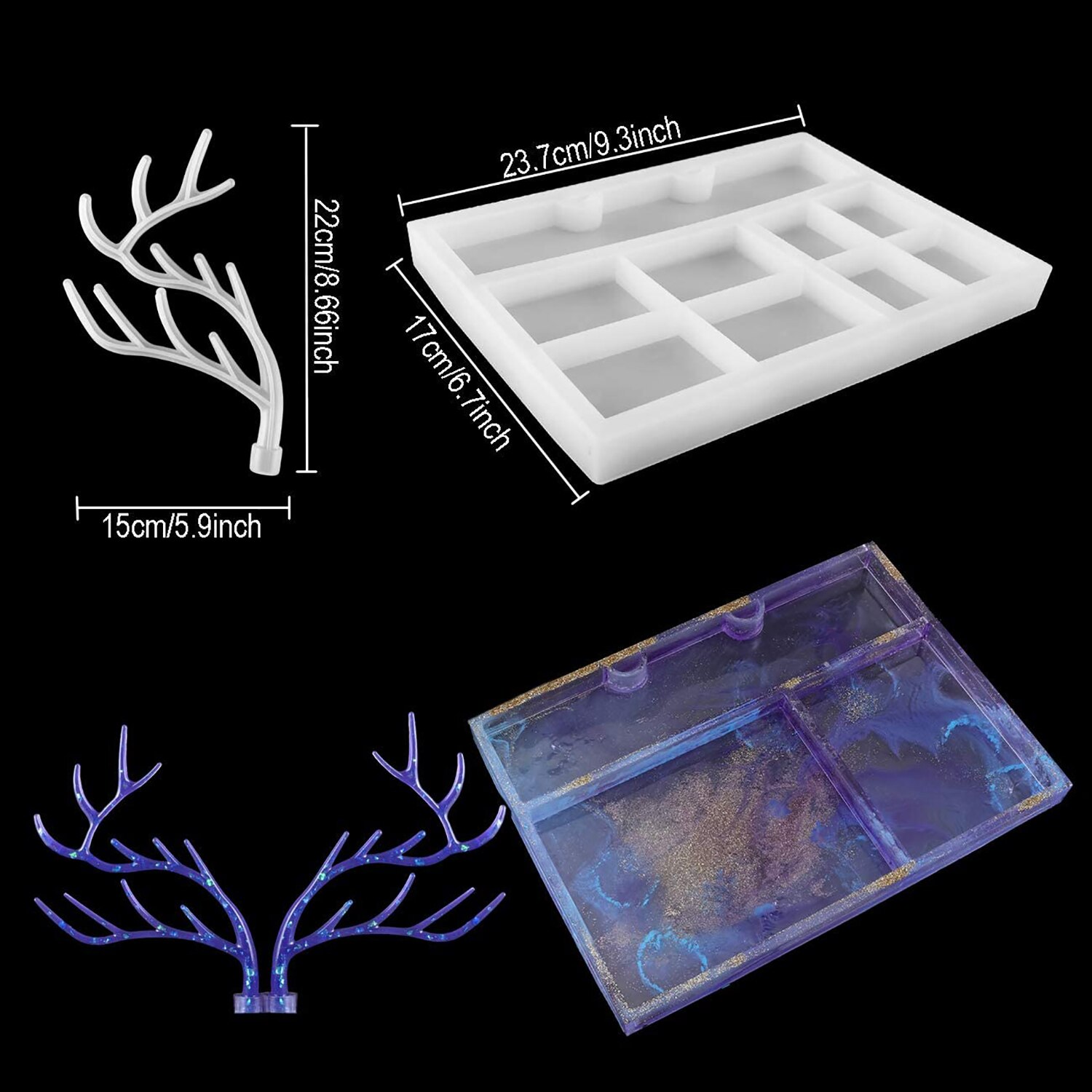 1 ensemble Silicone résine plateau cerf corne moule avec bijoux organisateur moules bois présentoir plateau époxy résine coulée moules: Default Title