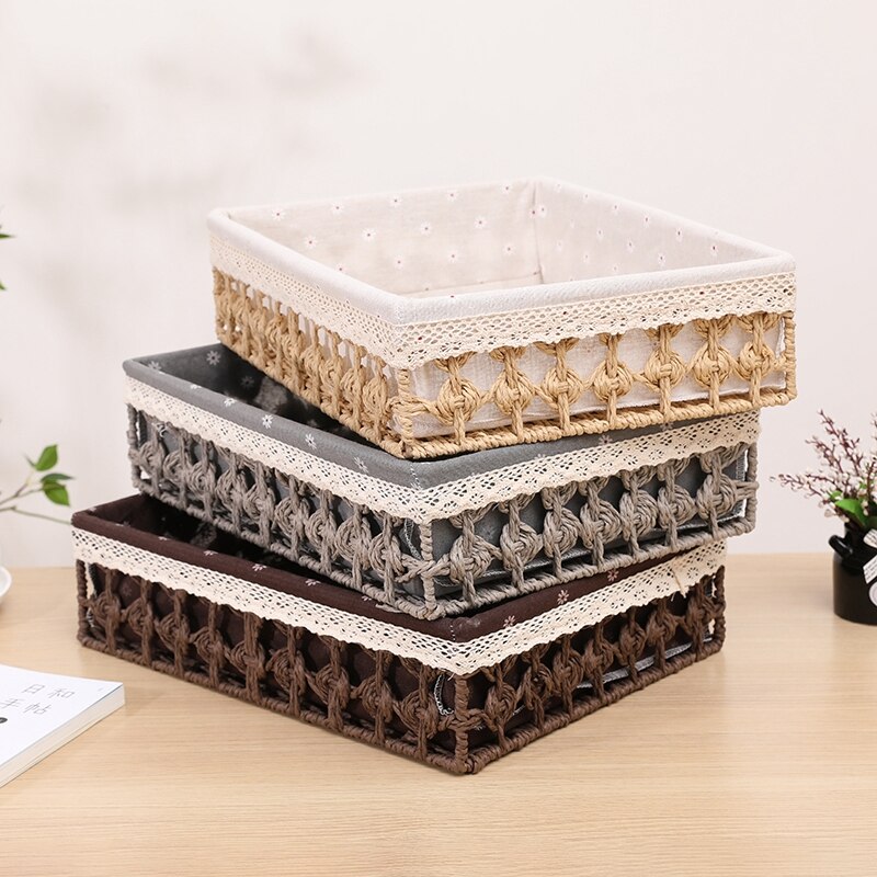 Cestas de almacenamiento de tejido hueco, caja organizadora grande de escritorio para artículos diversos, cosméticos, aperitivos, fruta, cesta organizadora decorativa para el hogar