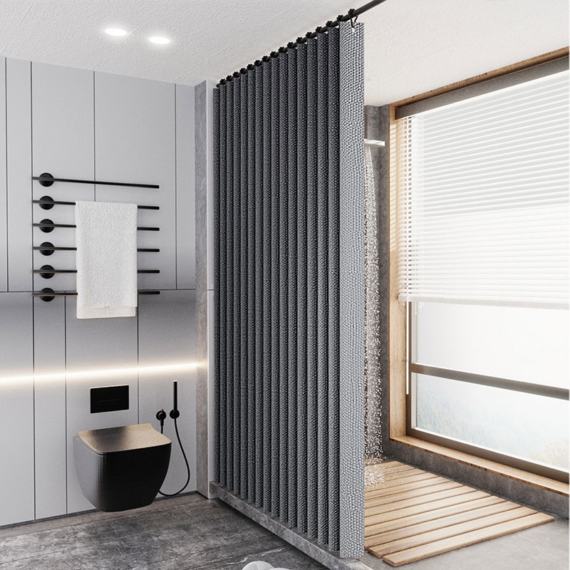 Cortina de chuveiro opaca de imitação de linho laminado, anel grande multicolorido, à prova d'água, forte e grosso, adequada para uso em banheiro
