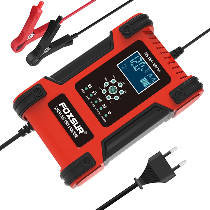 FOXSUR – chargeur de batterie automobile à 7 niveaux, 12V, 12a, 24V, 6a, avec écran LCD, pour voiture, moto, bateau: black