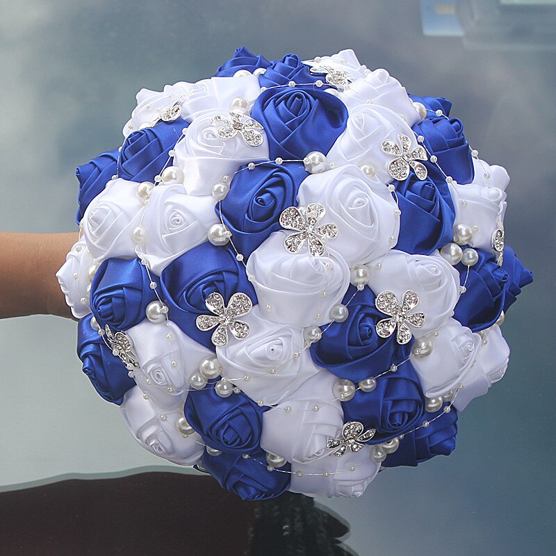 Janevini royal azul e branco cristal casamento bouquet diamante luxo frisado noiva flores fita de cetim rosa buquês de noiva 2020