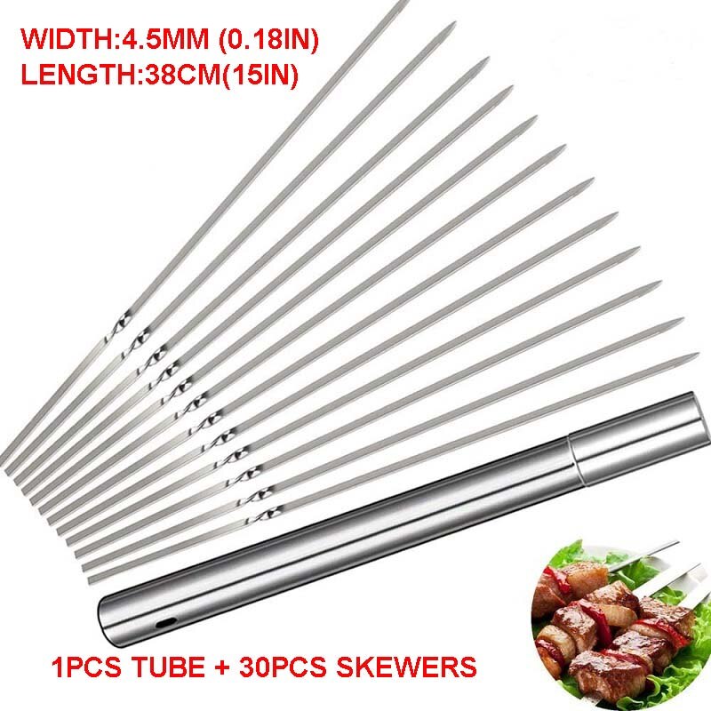 Thick Stainless Steel Flat Stick Long Stick Barrel Embossed Barbecue Stick Barbecue Needle Mutton String Barbeque Accessories