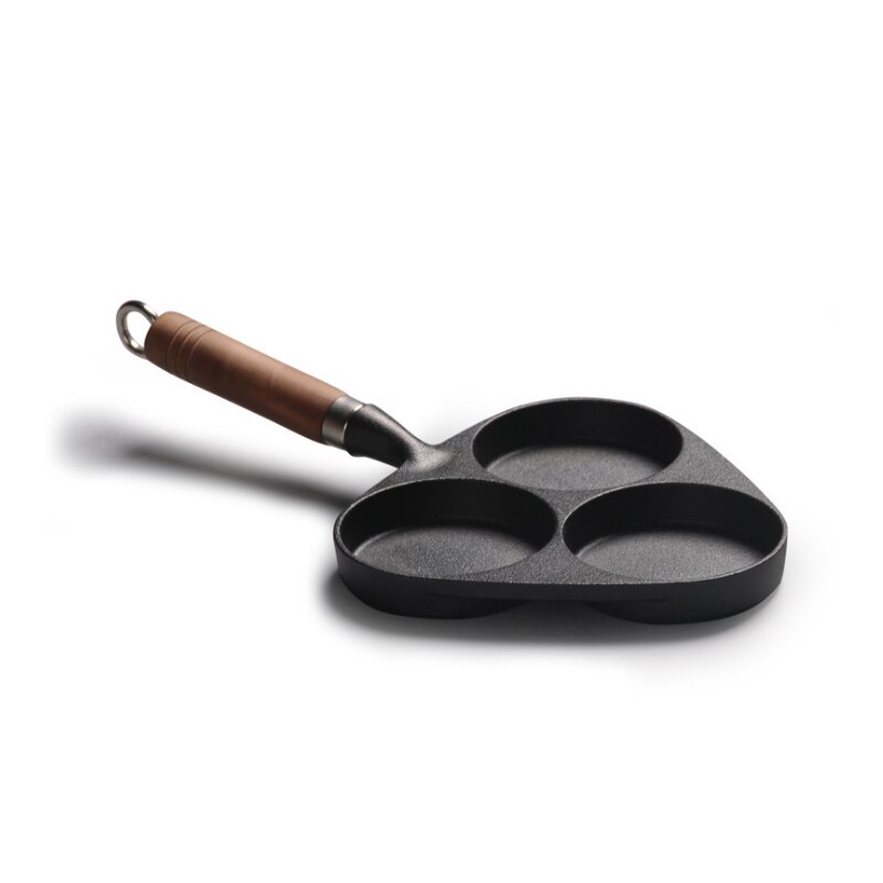 Uncoated Egg Dumpling Cast Iron Frying Pan Three-holes Frying Pan Wooden Handle Frying Pan