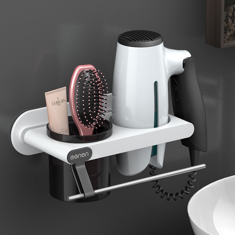 UNTIOR Plastic Föhn Houder met Storage Cup Wall Mount Föhn Plank Opslag Nail Gratis Slaapkamer Badkamer Accessoires Set: White2