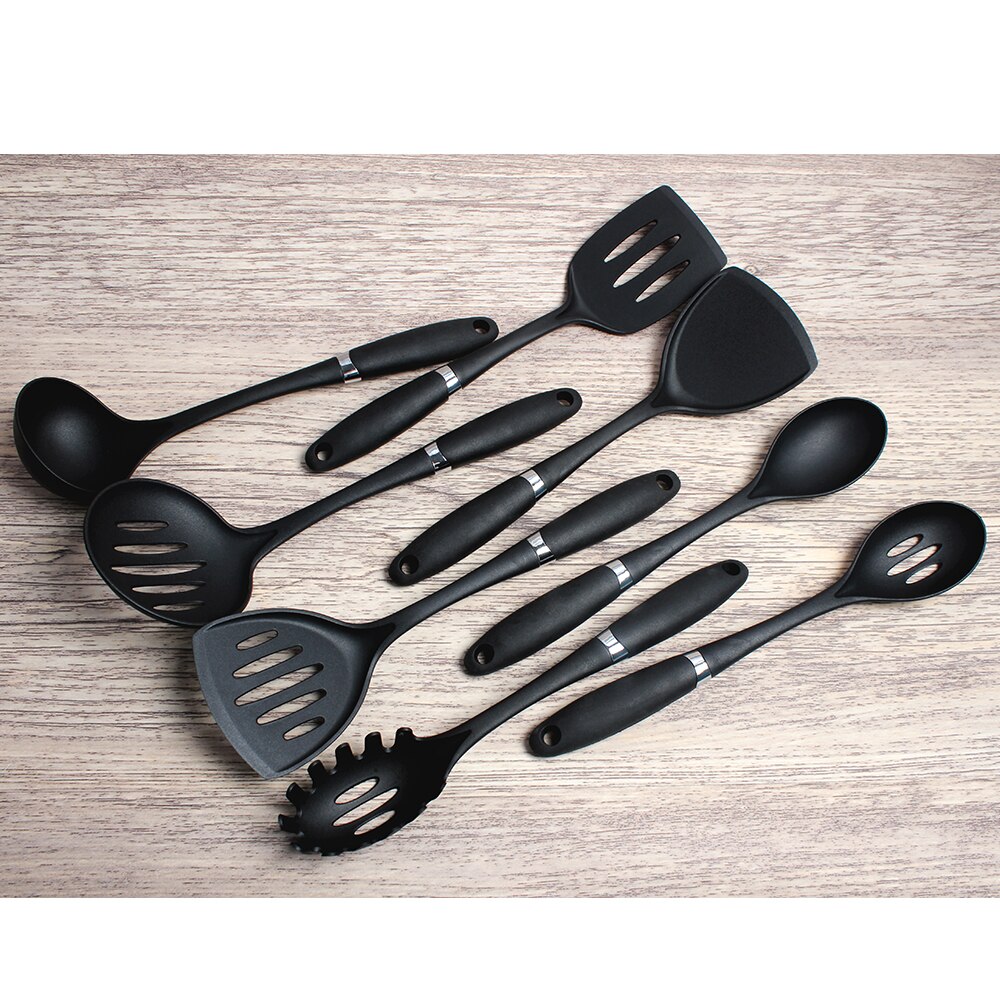10PCS Cooking Tools Set High Temperature Resistant Nylon Kitchenware Shovel Turners Kit Black Cookware Utensils Kitchen Supplies