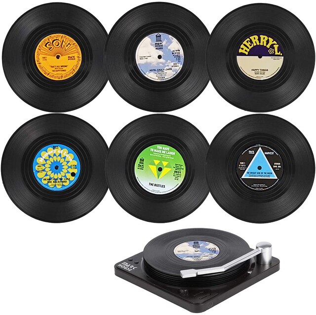 6 Pcs Retro Onderzetters Vinyl Cd Fun Drinken Koffie Onderzetters Speler Houder Desktop Bescherming Hittebestendige Anti-Slip Mat home Decor onderzetters onderzetter coaster coasters marmer onderzetter bekerhouder kers: 6pcs-B with holder