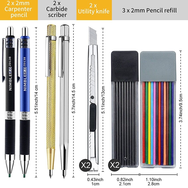 Timmerman Potloden Set 2 Bouw Puntenslijper Potloden Met 30 Vullingen &amp; 2 Mes, 2 Carbide Kraspen Tool