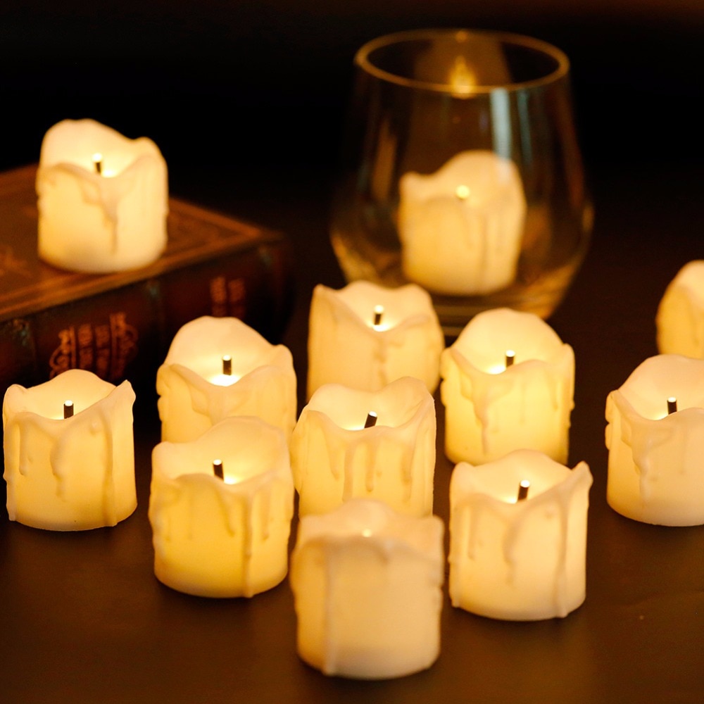 Bougies votives sans flamme de 12 | Bougies réalistes à piles et à lumière scintillante, de couleur blanc et ambre, pour mariage