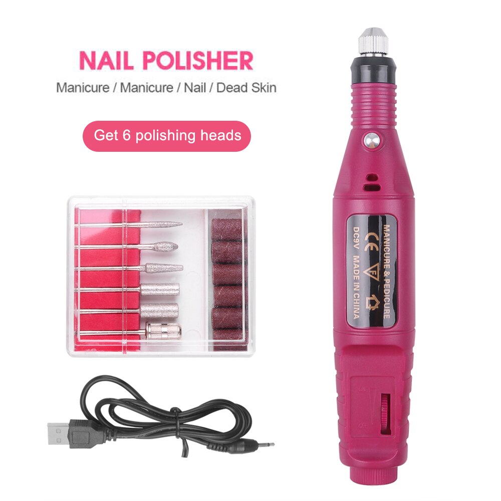 1 sæt power elektrisk manicure maskine pen pedicure neglefil værktøj 6 bits negle boreudstyr: Rød