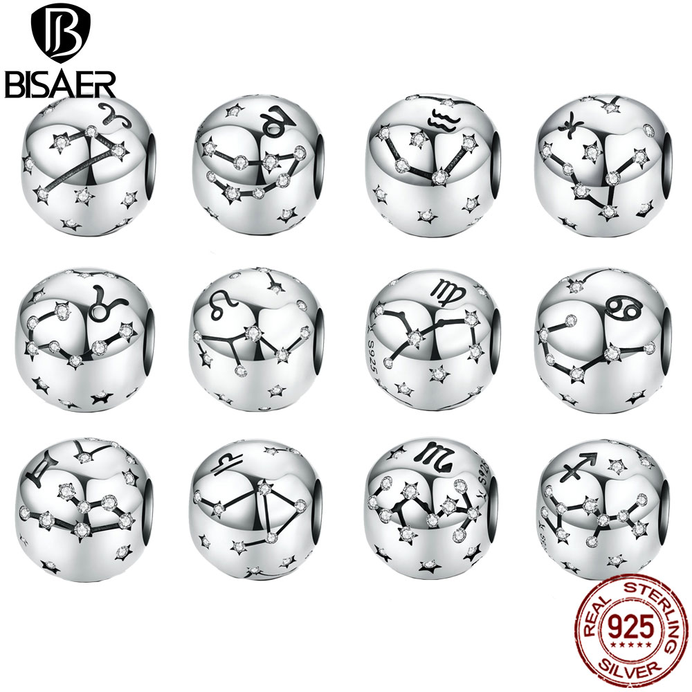 BISAER Vendita Calda 925 Sterling Silver Dodici Costellazioni star Segno Dello Zodiaco Fascino Dei Branelli Misura Il Pendenti e Ciondoli Bracciali Gioielli FAI DA TE