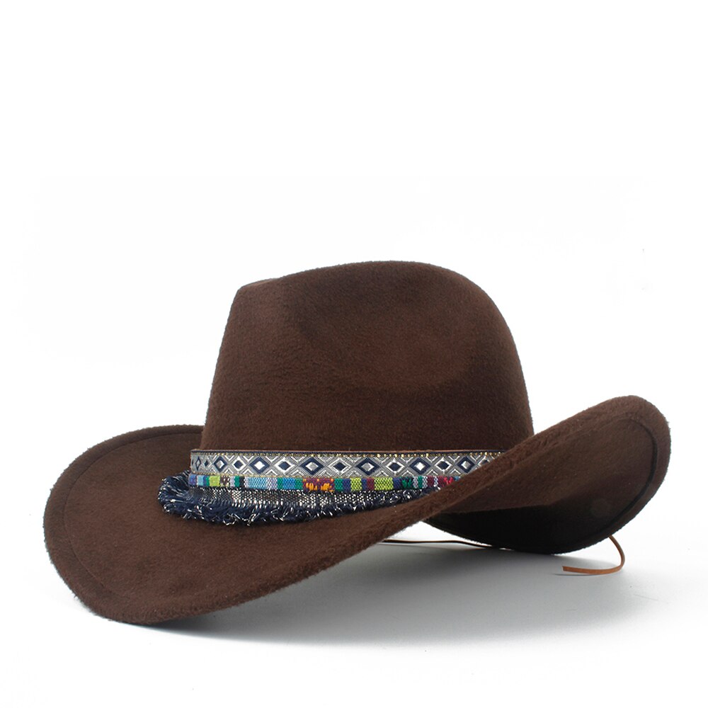 Kvinder uld hul western cowboyhat roll-up skygge dame outblack sombrero hombre jazz kasket størrelse 56-58: Kaffe