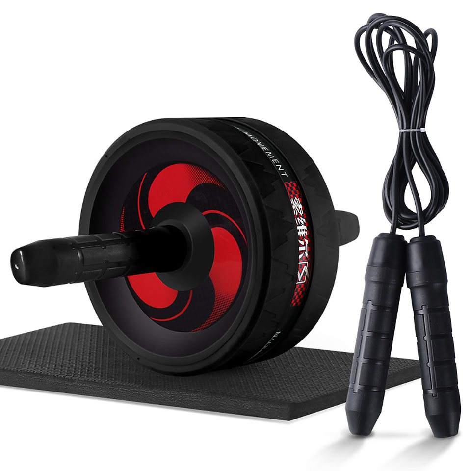 Hjulrulle med matta inget oljud 2 in 1 ab rulle&amp;hopprep muskel träning buken fitness träningsutrustning ab roller: Svart med rep