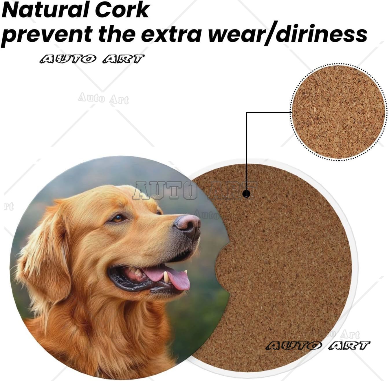 2 Pack Golden Retriever Dog Print Car Cup Holder Coaster Anti Slip Insert Absorbent Ceramic Car Coaster Cute Car Assecories