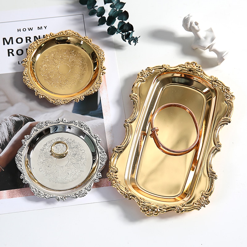 Gold Opslag Thee Lade Set Rvs Zilveren Cake Fruitschaal Sieraden Display Lade Bruiloft Dessertbord Voor Home Decor 1Pc
