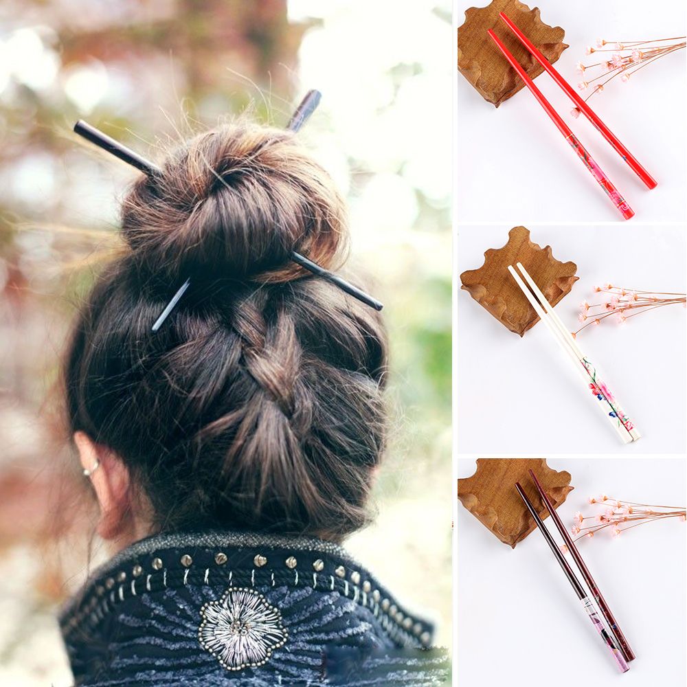 1Pc Women Chopstick Colorful Wood Hair Stick Retro Style Hand-carved Natural Hair Accessories Hair Styling Tool