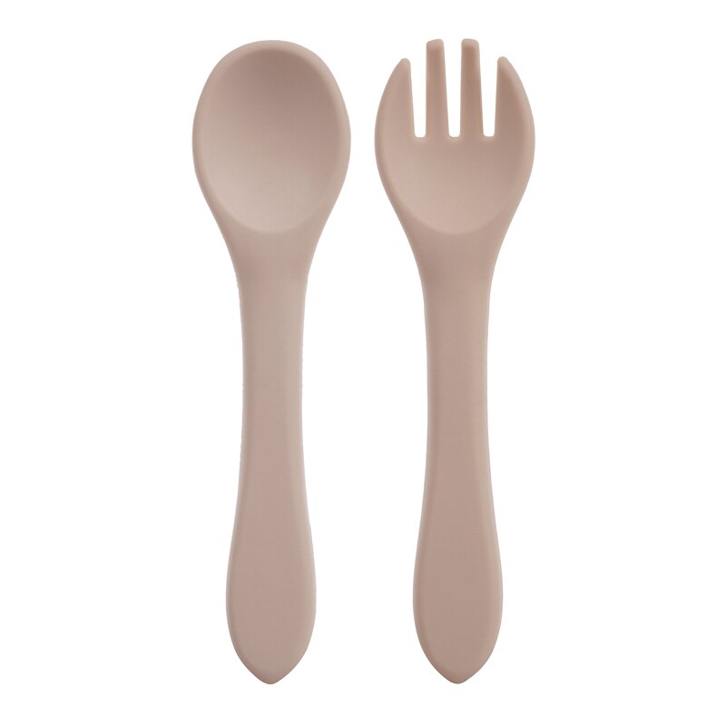 Cuchara de manija de madera silicona para alimentación de niños, utensilios para comer comida sólida, entrenamiento, capacidad de manipulación, vajilla: 014-pastel beige