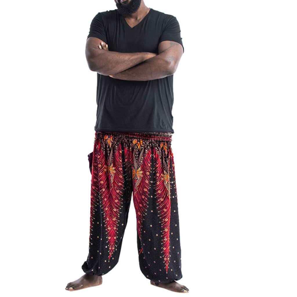 Størrelse bohemian hippie mænd afslappet bukser elastisk talje yoga bukser: D