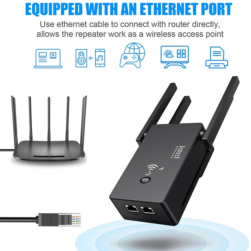 1200Mbps Wifi Repeater Dual Band Wireless 2.4G/5G Wifi Extender AP Router Signal Amplifier with 4Pcs Antennas EU Plug