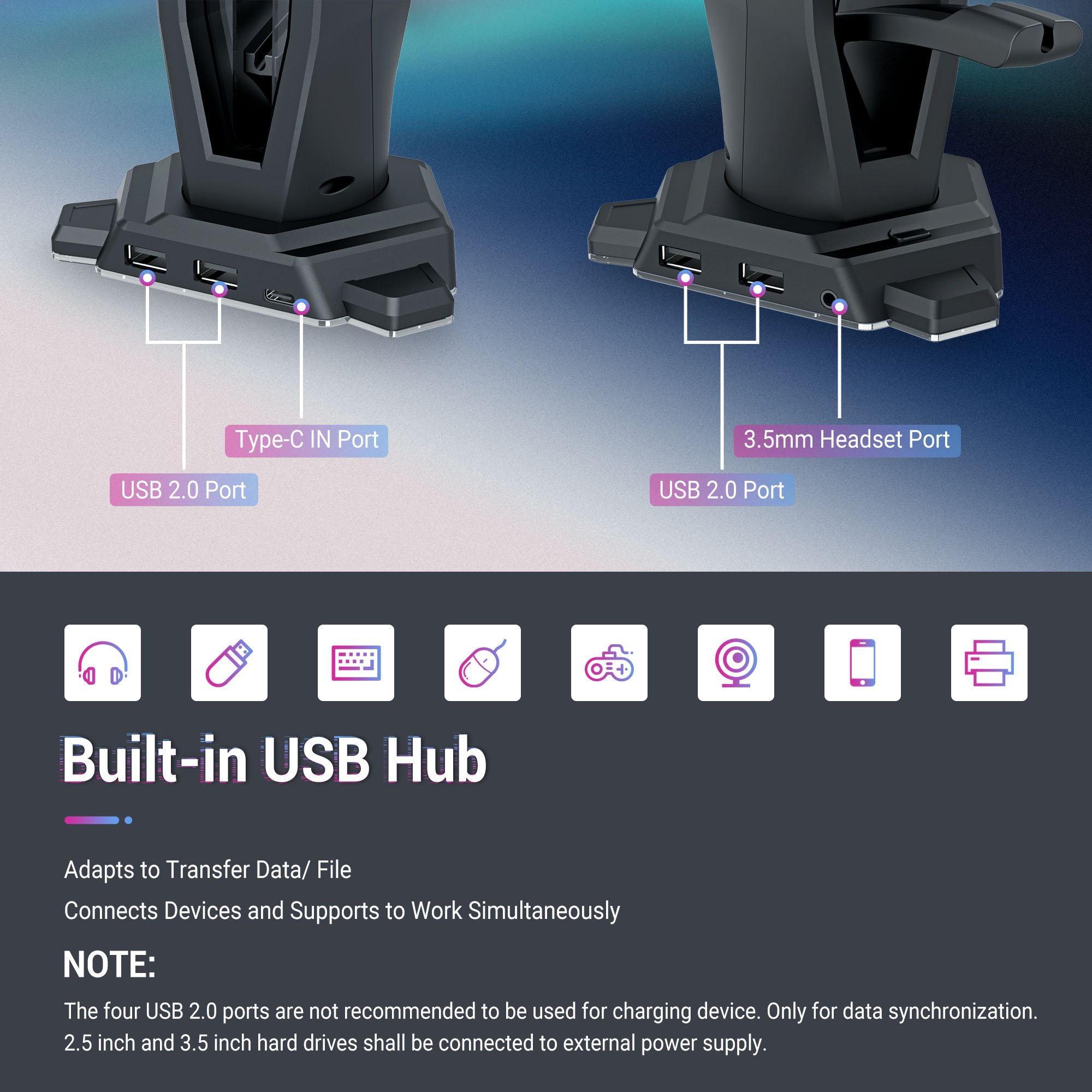 3 in 1 RGB Gaming Headset Halter Kleiderbügel Kopfhörer Stand Schreibtisch Display mit Maus Bungee Kabel Clip Clip Organizer und USB 2,0 Port