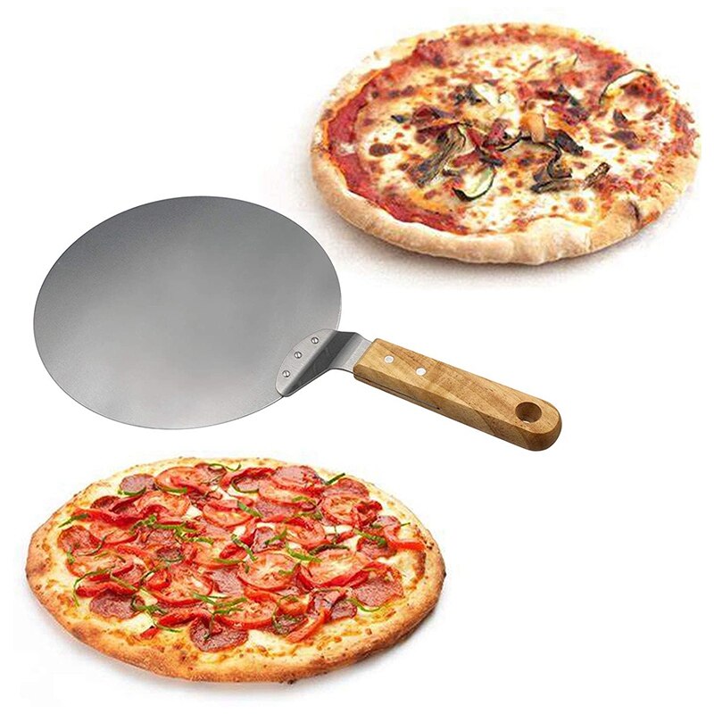 Stainless Steel Pizza Peel, 10 Inch Round Metal Pizza Peel with Wood Handle and Pizza Cutter Wheel &amp; Pizza Shovel for Serving Fo