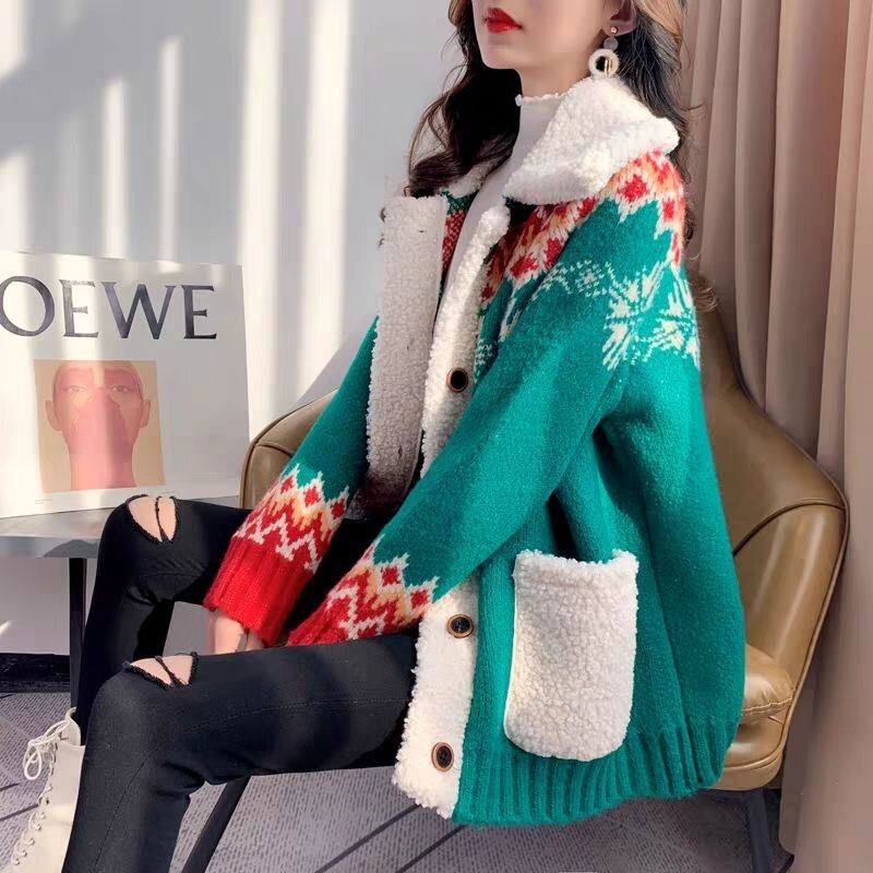 Multicolor Kerst Trui Vest Vrouwen Verdikte Winter Losse Gebreide Jas Pull Femme Jumper Dames Truien: Green