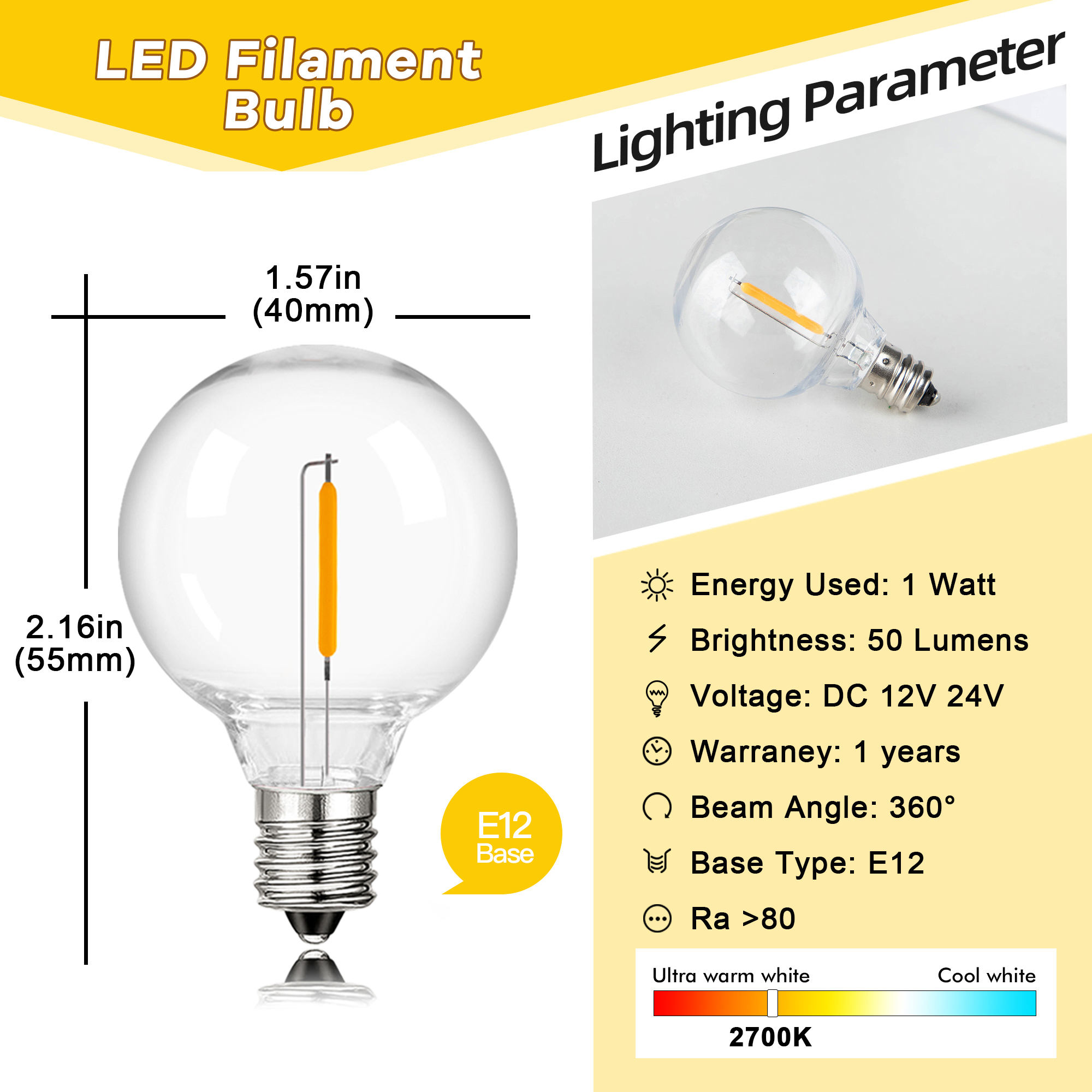 Bombillas Led G40 de bajo voltaje DC12V 24V 1W E12 bombilla de repuesto de plástico Retro para cadena de luces Solar fuera de la red batería Camping RV