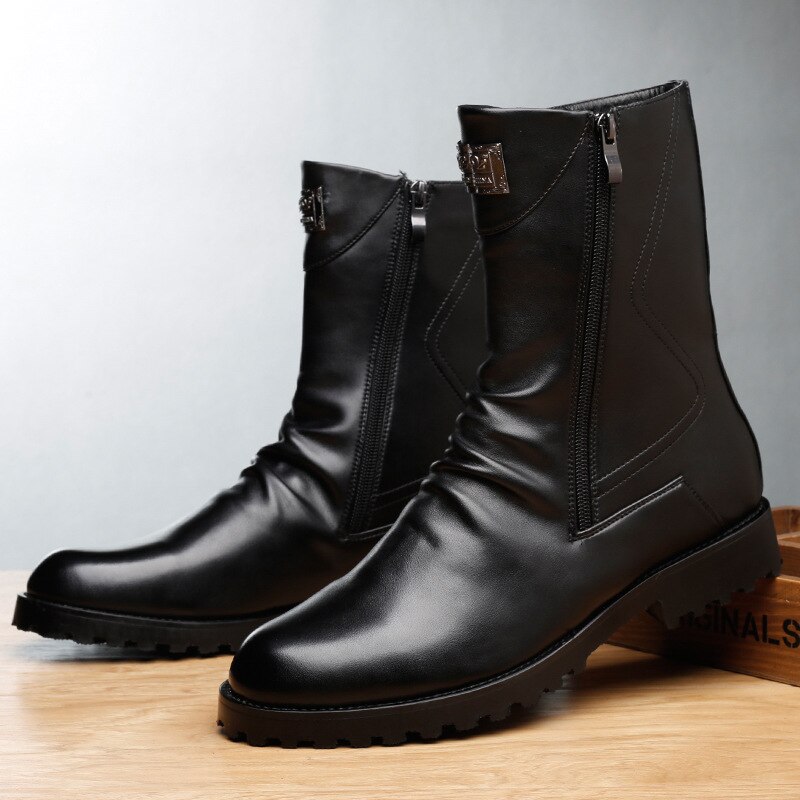 Botas de vaquero de italiana para hombre, calzado informal para moto, zapatos negros de cuero genuino para Otoño e Invierno
