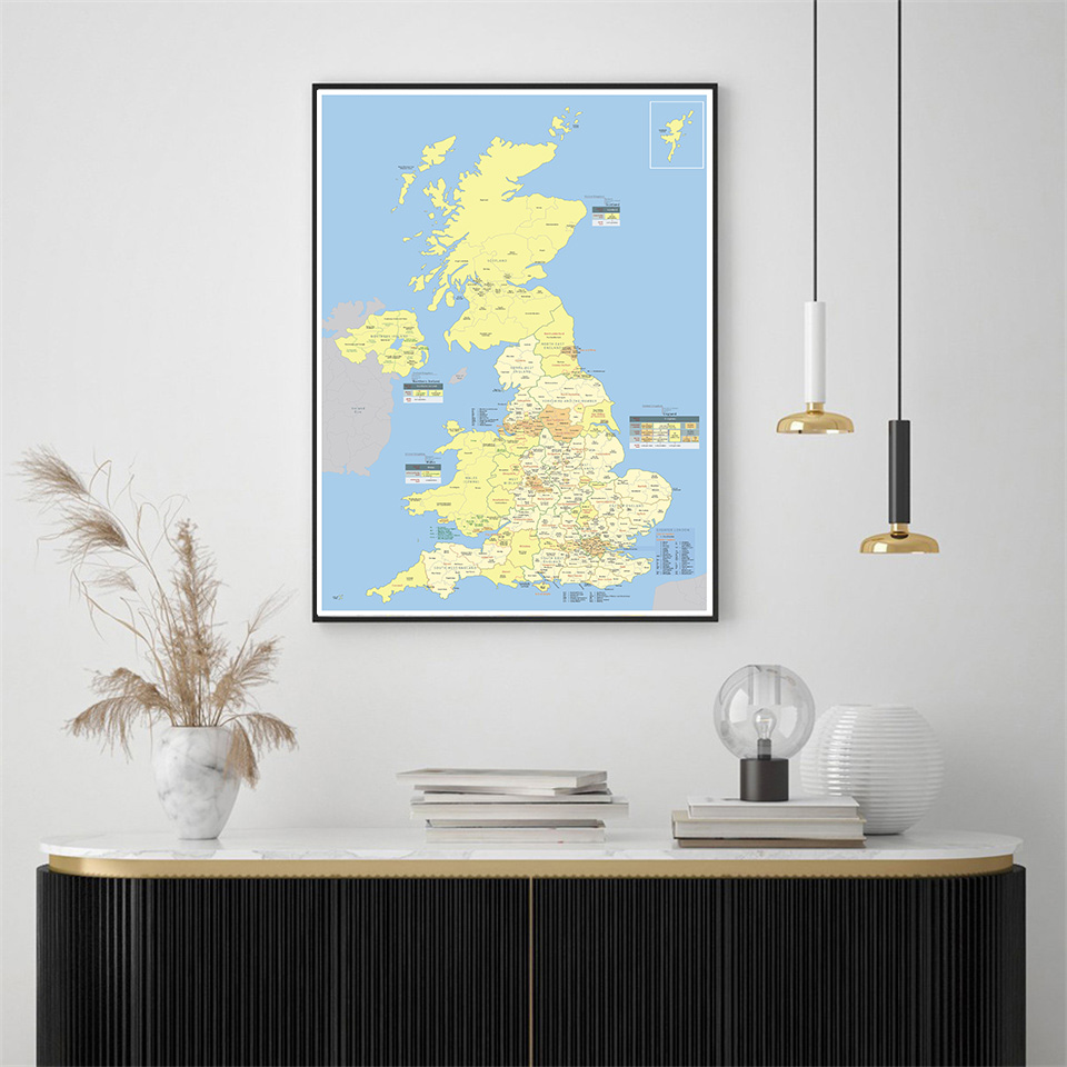 59*84cm The UK Detailed Regions Map Wall Art Poster Canvas Painting Living Room Home Decoration Travel School Supplies