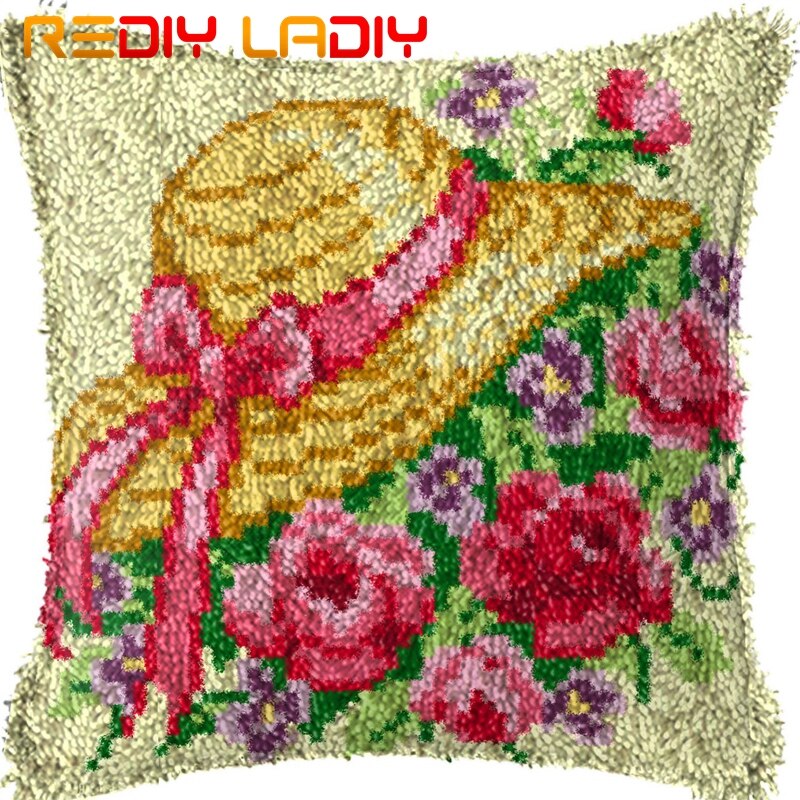 Latch Hook Cushion Hat Flowers Pre-Printed Canvas Cushion Front Acrylic Yarn Crochet Pillow Case Kits Sofa Bed Pillow Home Decor: BZ943
