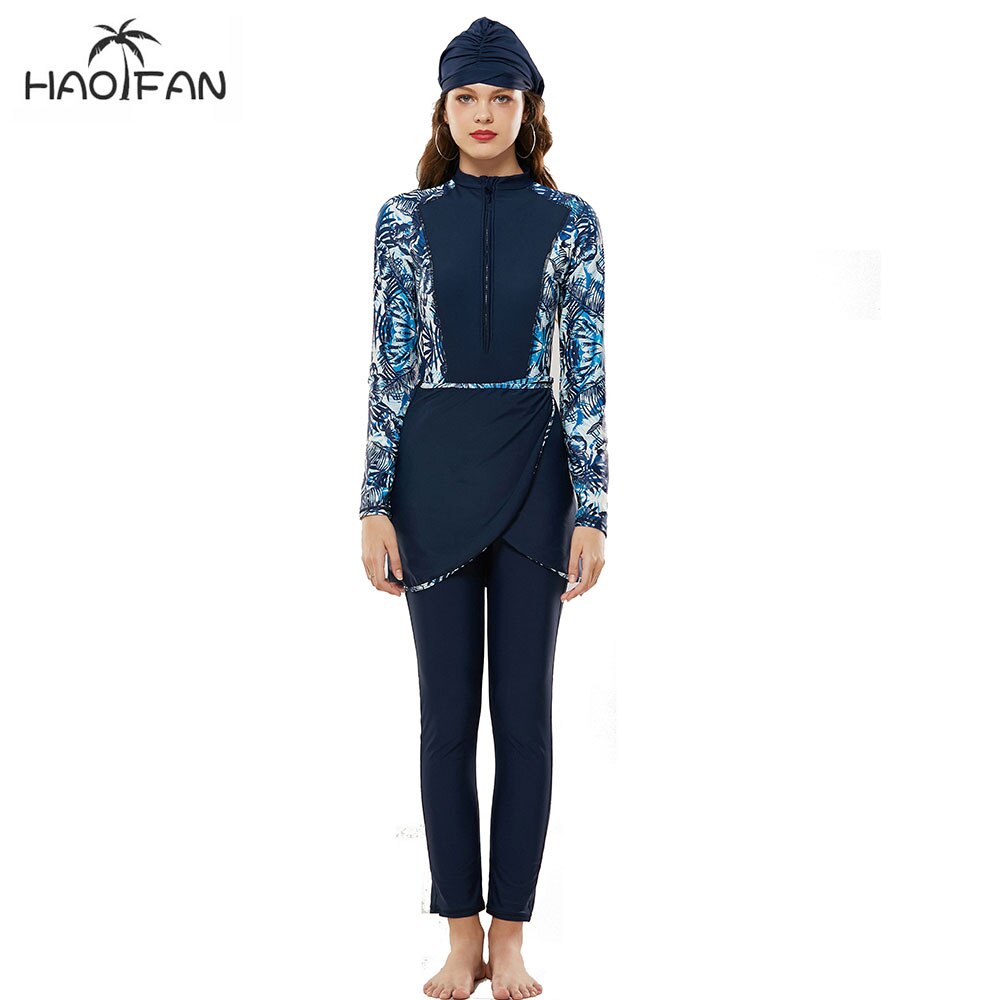 Haofan Moslim Plant Gedrukt Badpak Bujiney Islamitische Badpak Bikini Strand 4 Stuk Set Moslim Badpak: blue / L
