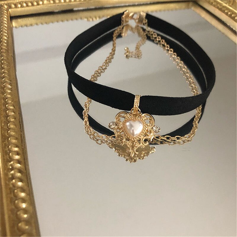 Collar gótico Vintage para mujer, gargantilla de terciopelo negro con doble cadena para clavícula, accesorios estéticos para de chica