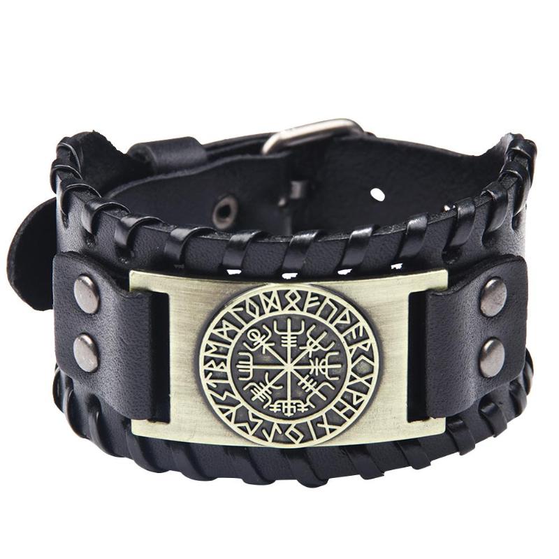 Runas nórdicas Vegvisir brújula pulsera vikinga pulseras nórdicas brújula brazalete de cuero ancho pulsera nórdica hombre joyería: Bronze A
