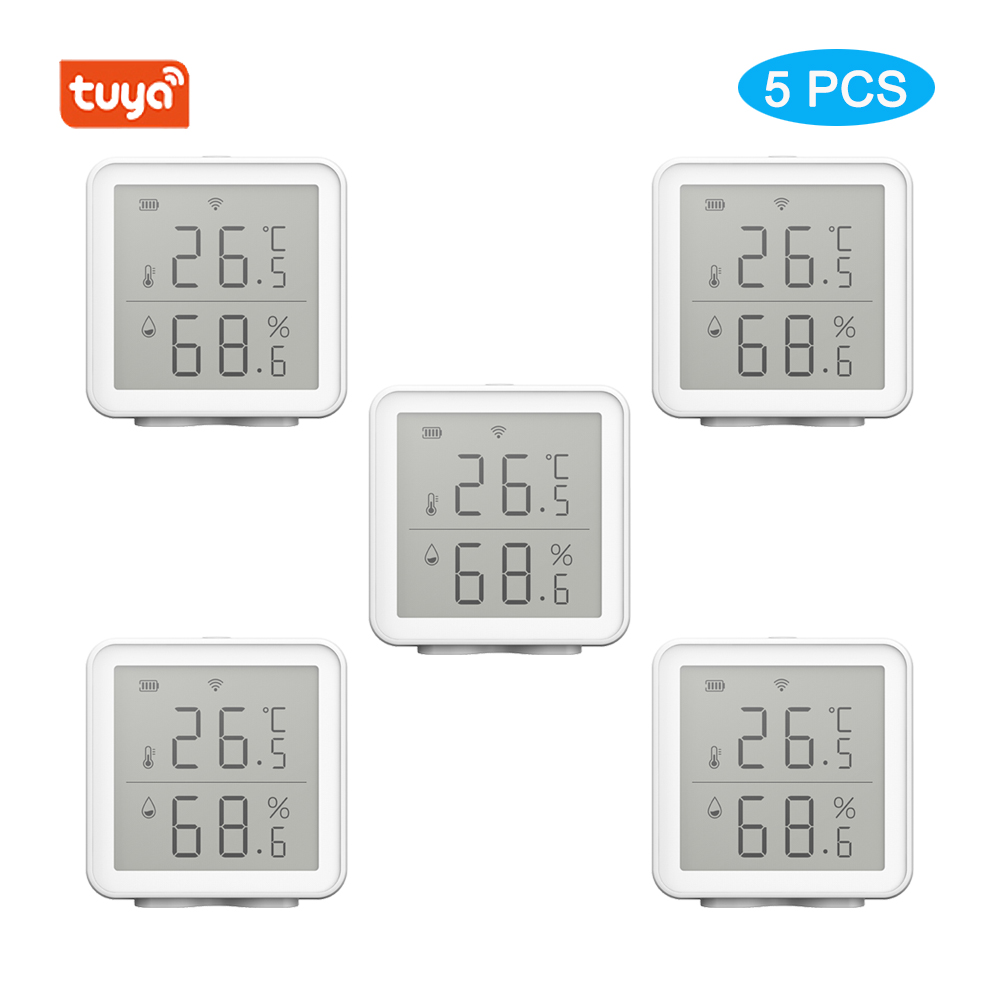 Tuya wifi temperatur- og fugtighedssensor indendørs hygrometer termometer med lcd-skærm understøtter alexa google assistent: 5 stk