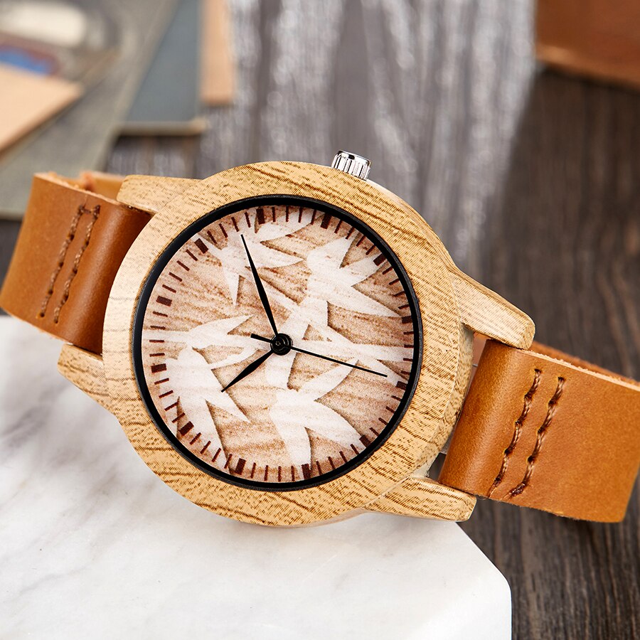 Montre-bracelet Imitation bois pour hommes et femmes, montre à Quartz, Imitation arbre de vie, bracelet en cuir souple: bamboo women