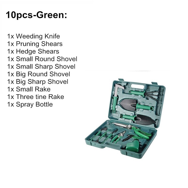 5 pièces/10 pièces ensembles d'outils de jardin pelle de plantation sécateurs râteau vaporisateur bouteille jardinage ensemble d'outils de plantation horticole: 10pcs green
