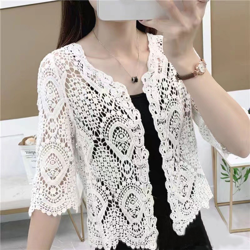 Women Knitted Lace Shrug Boho Hollow Crochet Floral 3/4 Sleeves Open Front Cropped Cardigan Mesh Sweater Coveup