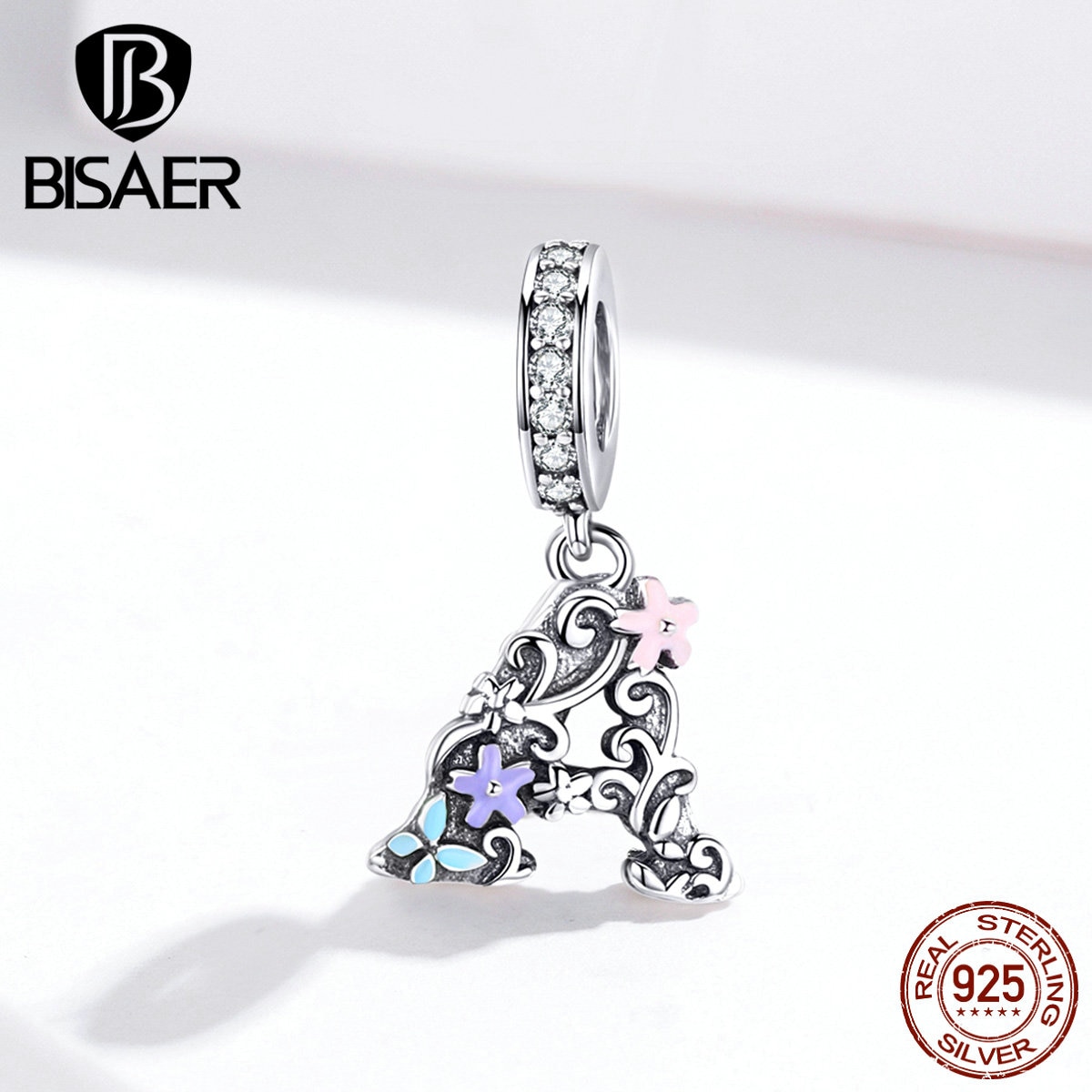 Bisaer vintage 925 colar de prata, flor de prata esterlina a contas letras alfabeto a encantos para pulseiras colares diy jóias ecc1273