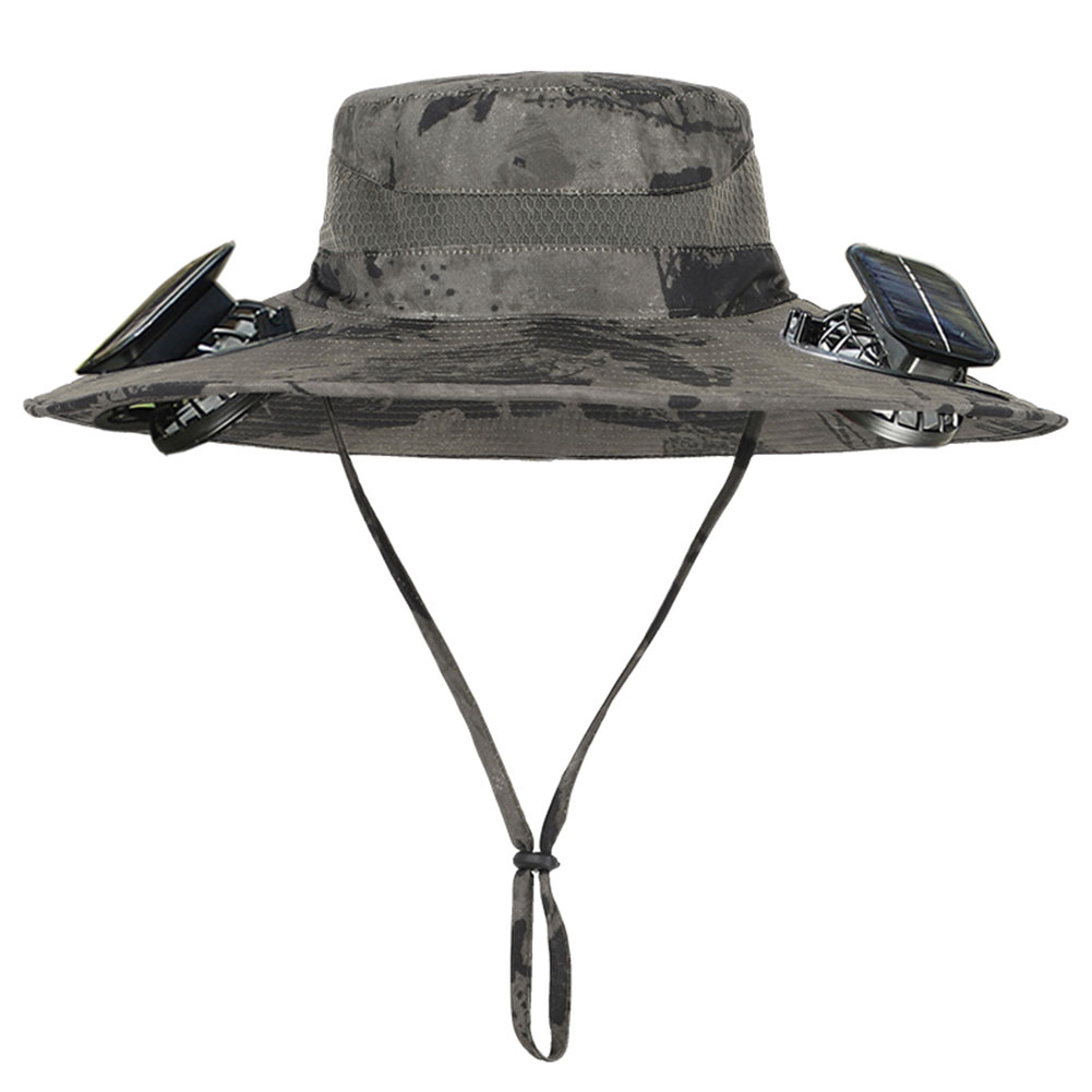 Solar-Fan-Hut, Sonnenhut mit 2 Solarventilatoren, breite Krempe, Eimerhut, Sommerkappe für Herren, Outdoor, Camping, Angeln, Wandern: Black
